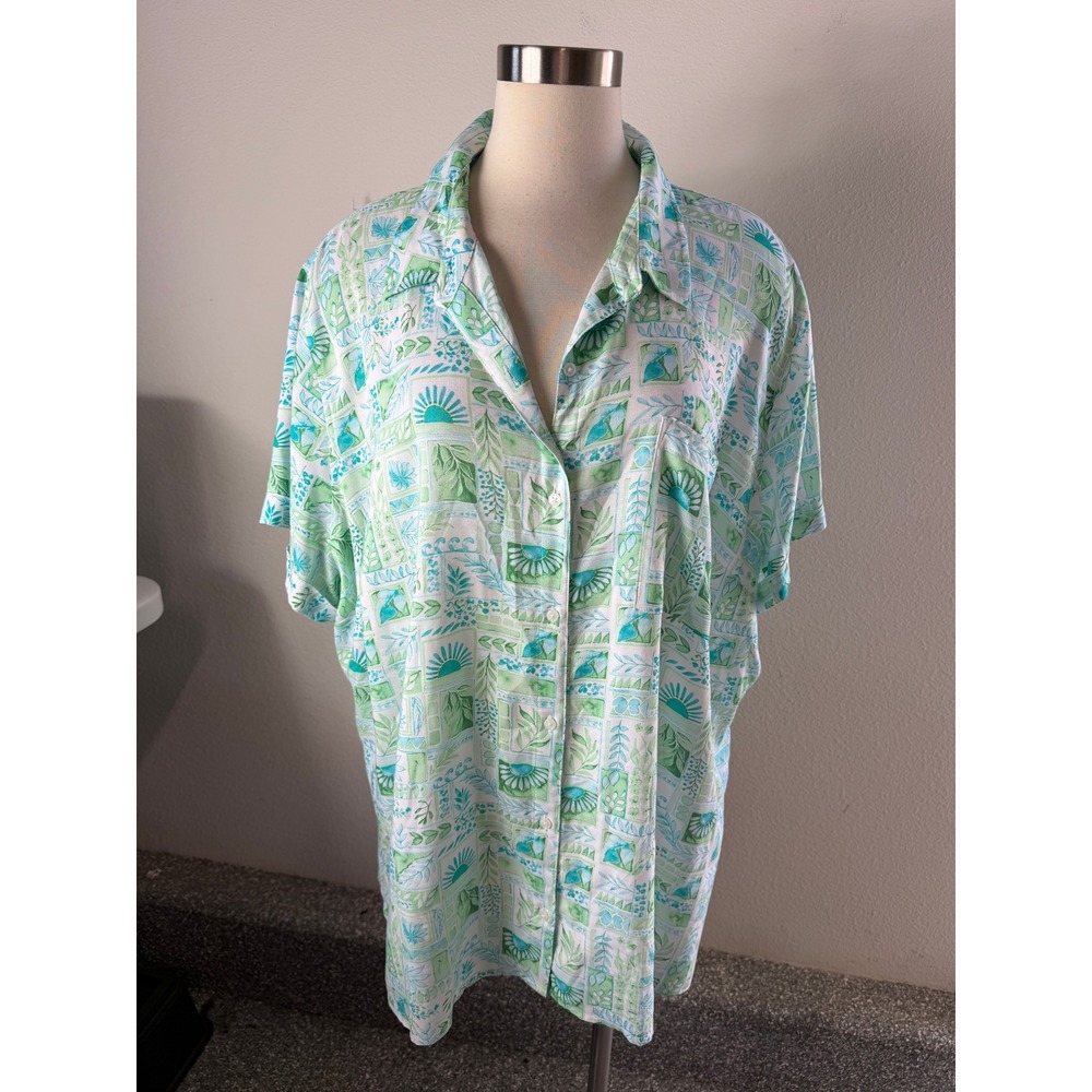 Croft & Barrow Womens Plus 3X Tropical Leaf Tile Print Button Front Shirt Top